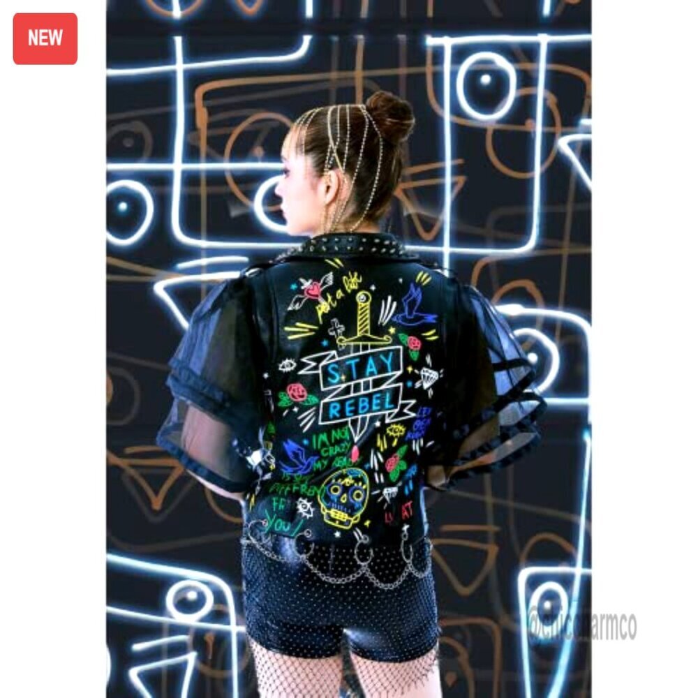 Faux Leather Punk Biker Moto Jacket Studded Rivet Graffiti Long Sleeve Coat - Picture 6 of 6